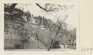 Buildings, staircase, and stupa-style pagoda on Back Hill at Yihe Yuan