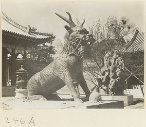 Qi lin, incense burner, and rock in front of Ren shou dian