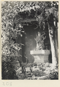 Shrine figure on a pedestal and grafitti on the porch of a building at the Old Wu Garden
