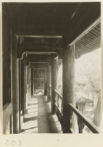 Columnaded porch on upper story of a building at the Old Wu Garden