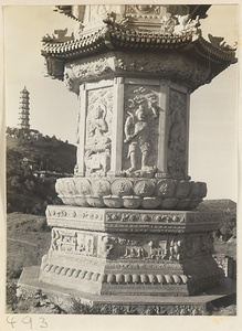 Yu feng ta (left) and detail of Hua zang hai ta showing relief panels (right) on Yuquan Hill