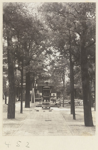 Temple courtyard with trees and incense burner at Fa yuan si