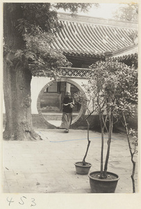 Buddhist monk walking through a moon gate at Fa yuan si