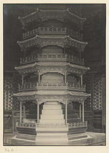 Interior of Qian sheng dian showing detail of seven-storied wooden pagoda