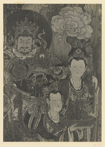 Detail of Ming dynasty mural on north wall showing guardian and two of Sakra-devanam Indra's attending maids