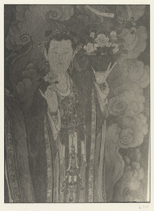 Detail of Ming dynasty mural on north wall showing one of Sakra-devanam Indra's attending maids