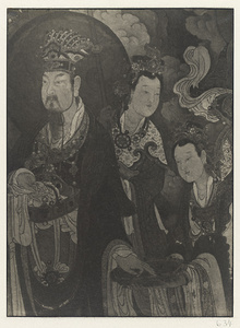 Detail of Ming dynasty mural on north wall showing Brahma and two attending maids