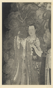 Detail of Ming dynasty mural on north wall showing one of Brahma's attending maids