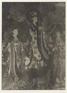 Detail of Ming dynasty mural showing Haritidem guarding a child and two Boddhisattvas