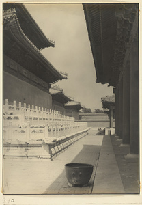 East facade and marble terraces of Qian dian, east facade of Zhong dian, and east facade of Diao dian seen from the East Wing at Tai miao