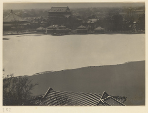 Northwest shore of Beihai Lake showing Guanyin dian, Wu long ting, and Rulaifo dian seen from Qiong Island