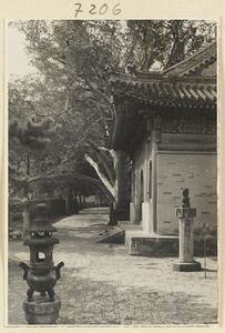 Detail of temple building, Nine-Dragon Pine, incense burner, and stone pillar at Jie tai si
