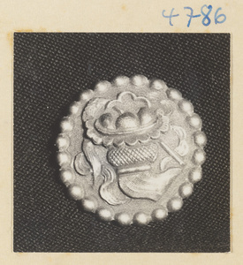 Silver button with relief work showing the attributes of Lan Caihe, one of the eight Daoist immortals