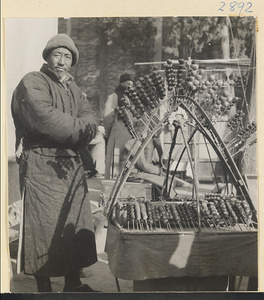 Street vendor selling candied hawthorn berries (tanghulu 糖葫蘆), during Lunar New Year, Beijing