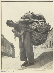 Paper-collector carrying a load of scrap paper on his back