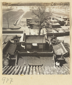 Temple roofs, courtyard, and surrounding landscape at the Yun'gang Caves