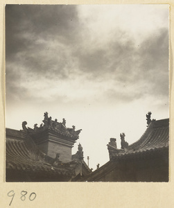 Detail of temple roofs showing roof ornaments at the Yun'gang Caves