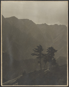 Daoist temple building on West Peak of Hua Mountain with Qinling Mountains in background