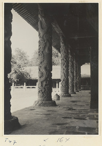 Detail of Da cheng dian at the Kong miao showing porch with carved dragon columns