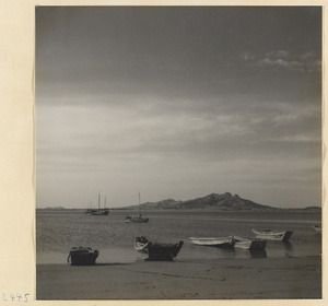 Beached and anchored fishing boats on the Shandong coast