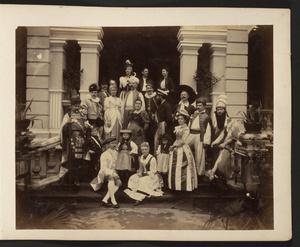 Group of people, including three children, dressed for costume party, Canton