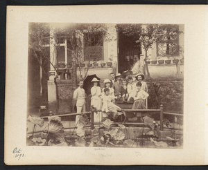 Anna Drew (second from left) with daughters Lucy and Dora and group of unidentified people, Canton