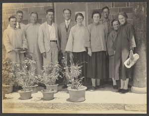 Lanchow and beyond.  At the C.I.M. Home.  [L. to R. Dr. Rees, M. Griebenow, A.L. Keeble, Ureck, Dr. Z., unidentified woman, Mrs. Ureck, Rev. Claude L. Pickens, Jr., Mrs. Keeble, Mrs. Mann.]