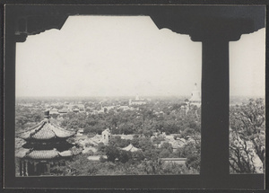 Beijing.  Skyline showing Fu lan ting and Bai ta seen from pavilion in Jingshan Gong Yuan.