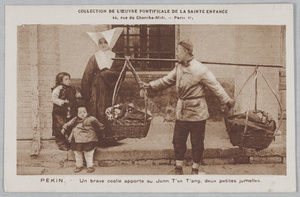 Twin babies in panniers, with French nun