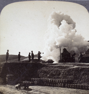 Firing of a Japanese 11-inch siege gun, Port Arthur, during the Russo-Japanese War