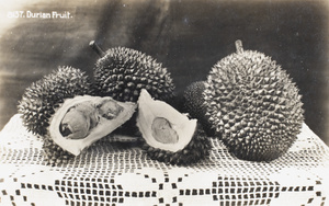 Durian fruit on a table