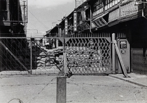 Gate and sandbagged guard post, Shanghai, 1937