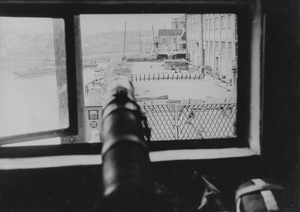 View of Sihang warehouse (四行仓库), from Blockhouse 'F' beside Yu Ya Ching Road Bridge (西藏路桥), Shanghai, 1937