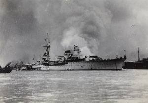 Burning of Nanshi, Shanghai, November 1937, seen from Pudong (Italian Gun Boat in middle distance)