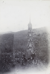 Men with rifles at a ruined pagoda in Feng wen hills, near Shanghai