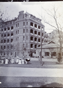 Amahs and children on the lawn of Trinity Cathedral, by the Hotel Kalee, Kiangse Road, Shanghai