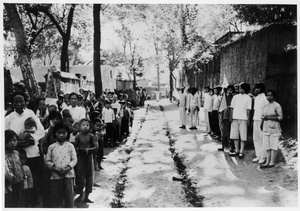 People lining a  street to welcome foreign visitors, Central Hebei province