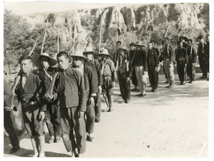 Village self-defence unit (militia) , armed with guns, spears and hand grenades, South Shanxi, 1939