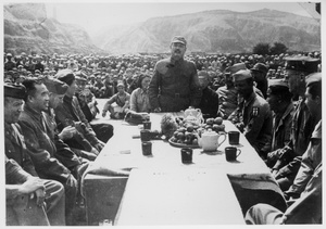 Ye Jianying (叶剑英) addressing members of the Dixie Mission, and others, at a mass rally, Yan'an (延安), 1945