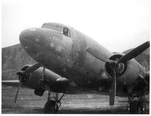 Hsiao Li Lindsay (李效黎) at a pilot's window of a Douglas C-47 Skytrain, Yan'an (延安), July 1944