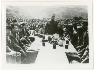 Ye Jianying (叶剑英) addressing members of the Dixie Mission, and others, at a mass rally, Yan'an (延安), 1945