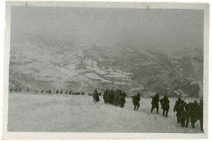 Soldiers crossing Mount Cangyan (苍岩山) during the 500 mile trek to Yan'an (延安), 1944