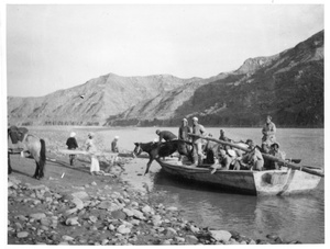 Crossing the Yellow River in a boat, with mules, 23 April 1944