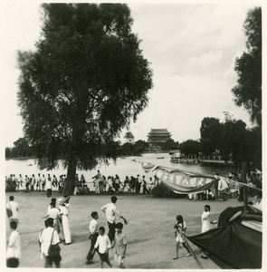 The Drum Tower and Bell Tower and a lake, Beijing (北京)