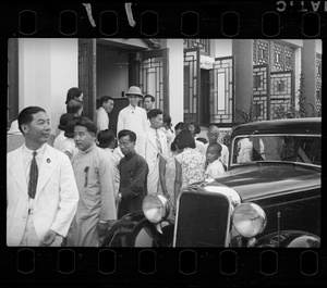 Wedding guests emerging from the venue, by a Dodge Brothers sedan car, Yenching University (燕京大學), Beijing (北京)