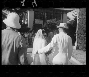 Hsiao Li Lindsay (李效黎) and Michael Lindsay (林迈可) at their wedding party at Yenching University (燕京大學), Beijing (北京)