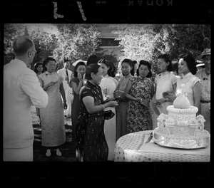 Guests and the cake, at the Lindsay's wedding party at Yenching University (燕京大學), Beijing (北京)