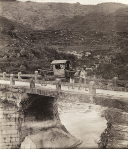 Bearers with a sedan chair crossing a bridge in the Yongchun valley, Fujian