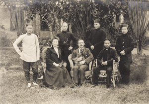 Hospital staff and Mrs Lilly Maxwell, with Dr John Preston Maxwell holding a monkey, Yongchun