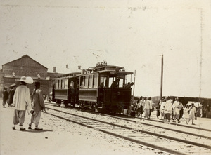 Tramcar No 3, with trailer, at Peking (Machiapu) Railway Station, Beijing